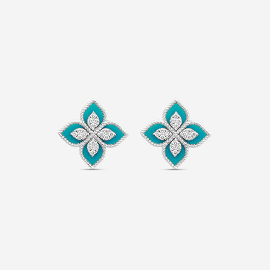 Roberto Coin Venetian Princess 18K White Gold Diamond and Turquoise Stud Earrings 8882784AWERXT