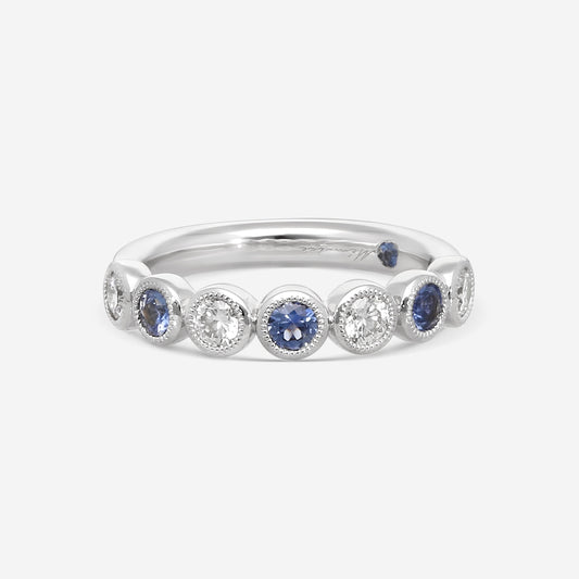 Memoire Toujours 18K White Gold Diamond & Blue Sapphire 7-Stone Band Ring Sz. 6.5 EMTU125