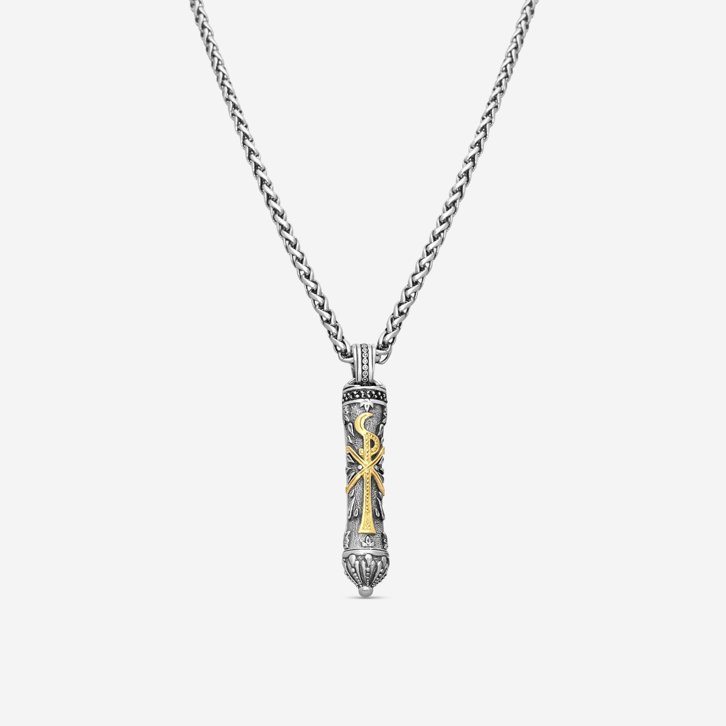 KONSTANTINO - "Stavros" Sterling Silver & 18k Yellow Gold, Spinel Pendant (SPN: 0.255ct) - MEKJ677-130

Pendant Dimensions: 2.38 x 0.38 in.
S/S Chain Included:CHKJ6-131-22 (Length - 22in.)