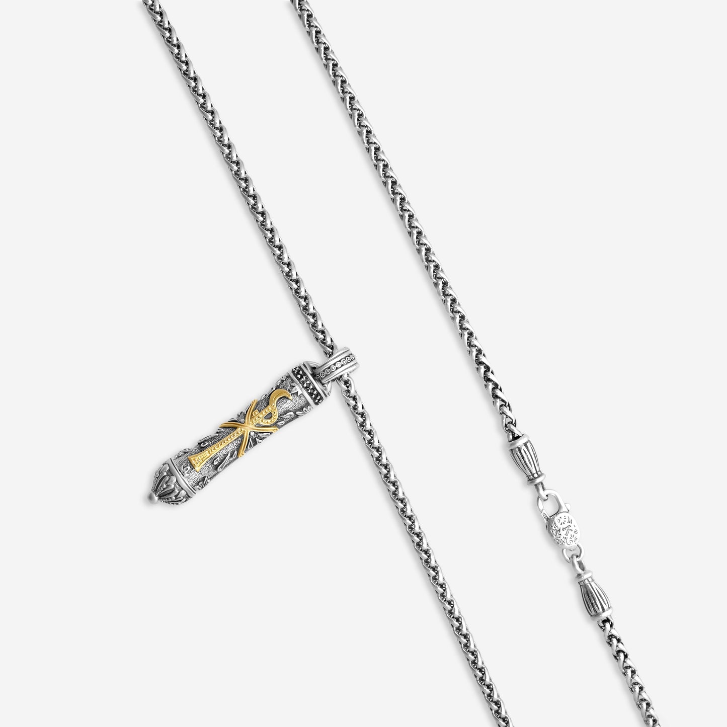 KONSTANTINO - "Stavros" Sterling Silver & 18k Yellow Gold, Spinel Pendant (SPN: 0.255ct) - MEKJ677-130

Pendant Dimensions: 2.38 x 0.38 in.
S/S Chain Included:CHKJ6-131-22 (Length - 22in.)