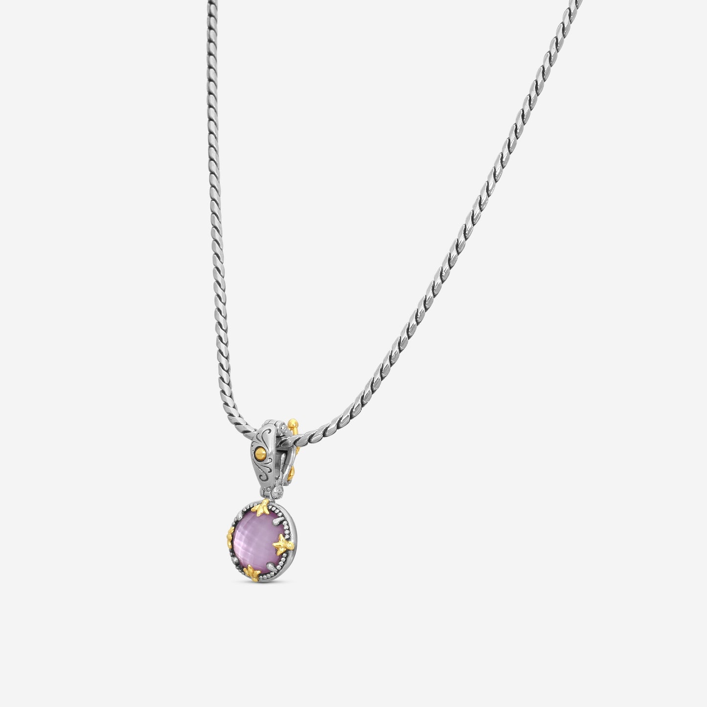 KONSTANTINO - "Gen K 2" Sterling Silver & 18k Yellow Gold, Pink Corundum Doublet Pendant (COR: 10mm) - MEKJ764-652

Pendant Dimensions: 1.00 x 0.50 in.
S/S Chain Included:CHKJ22-131-18 (Length - 18in.)