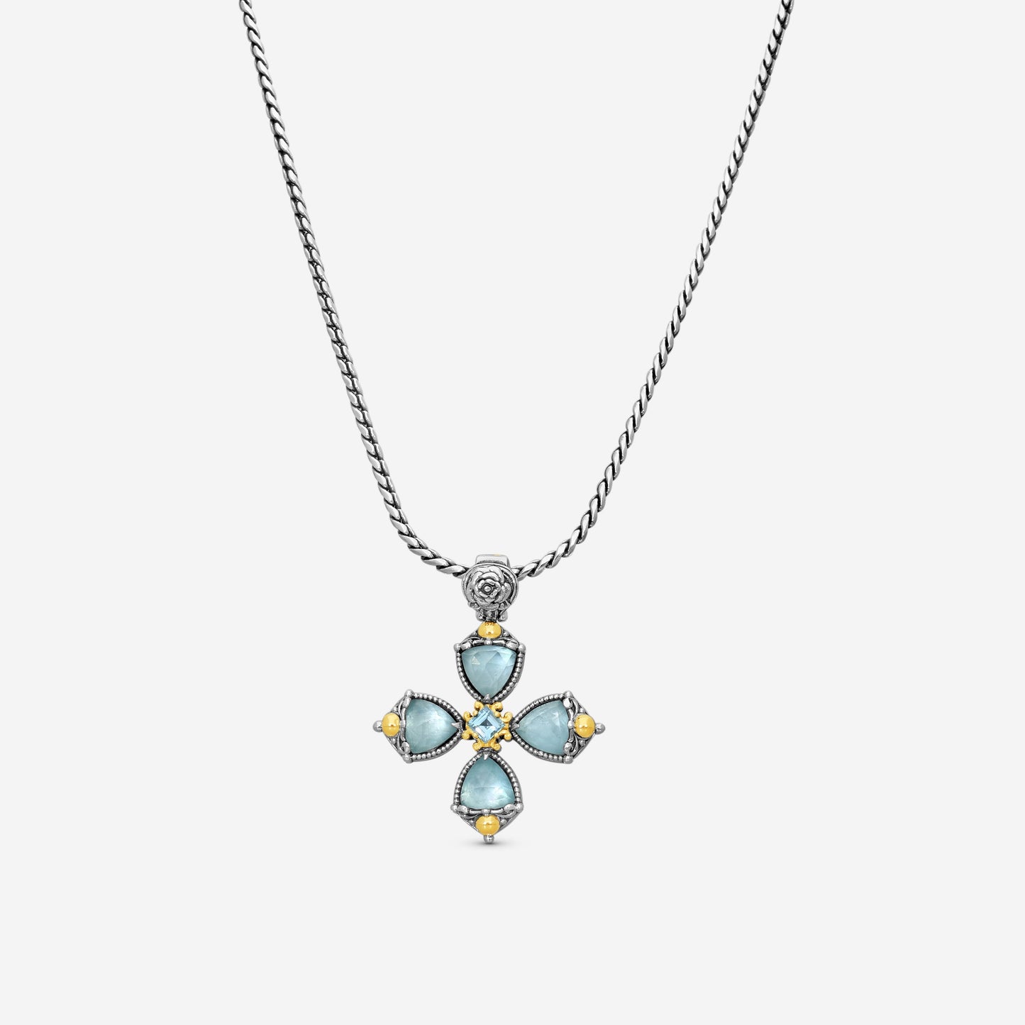 KONSTANTINO - "Gen K 2" Sterling Silver & 18k Yellow Gold, Aquamarine Aquamarine:5Mm & Aquamarine Cross (AQM: 7.45mm / AQM: 5mm) - STMK7002-673

Pendant Dimensions: 1.75 x 1.38 in.
S/S Chain Included:CHKJ23-131-20  (Length - 20in.)