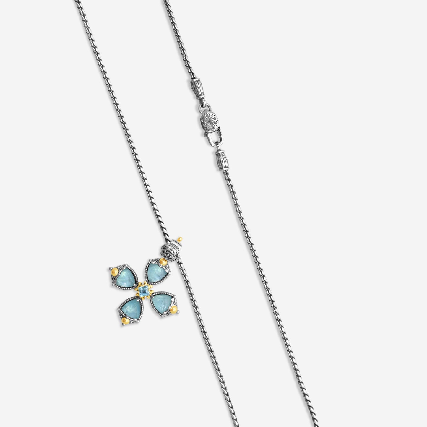 KONSTANTINO - "Gen K 2" Sterling Silver & 18k Yellow Gold, Aquamarine Aquamarine:5Mm & Aquamarine Cross (AQM: 7.45mm / AQM: 5mm) - STMK7002-673

Pendant Dimensions: 1.75 x 1.38 in.
S/S Chain Included:CHKJ23-131-20  (Length - 20in.)